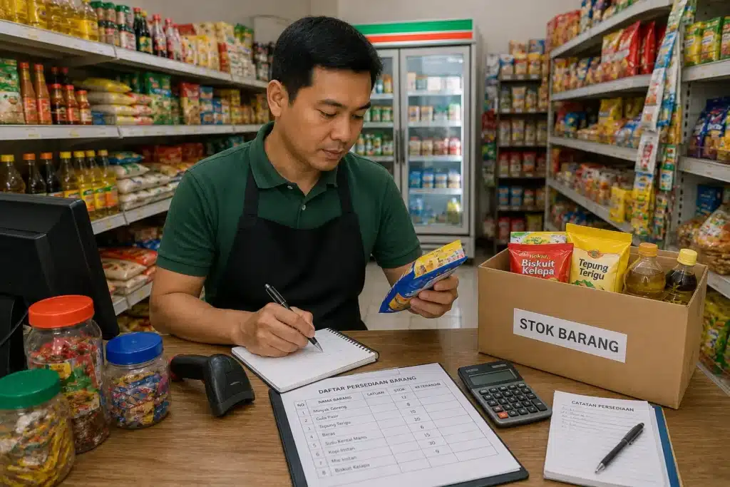 Pemilik usaha memeriksa dan mencatat persediaan barang